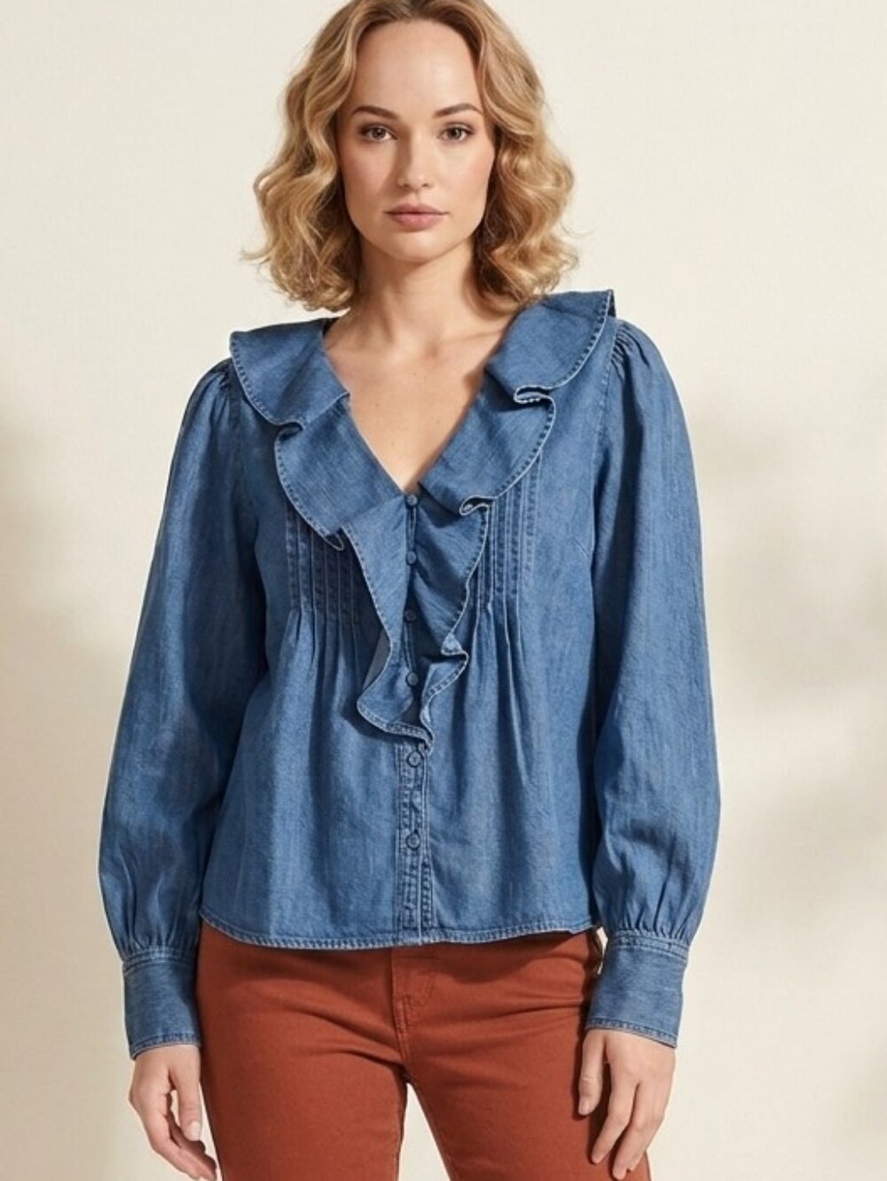 Madewell Denim Ruffle Front Blouse – Size M